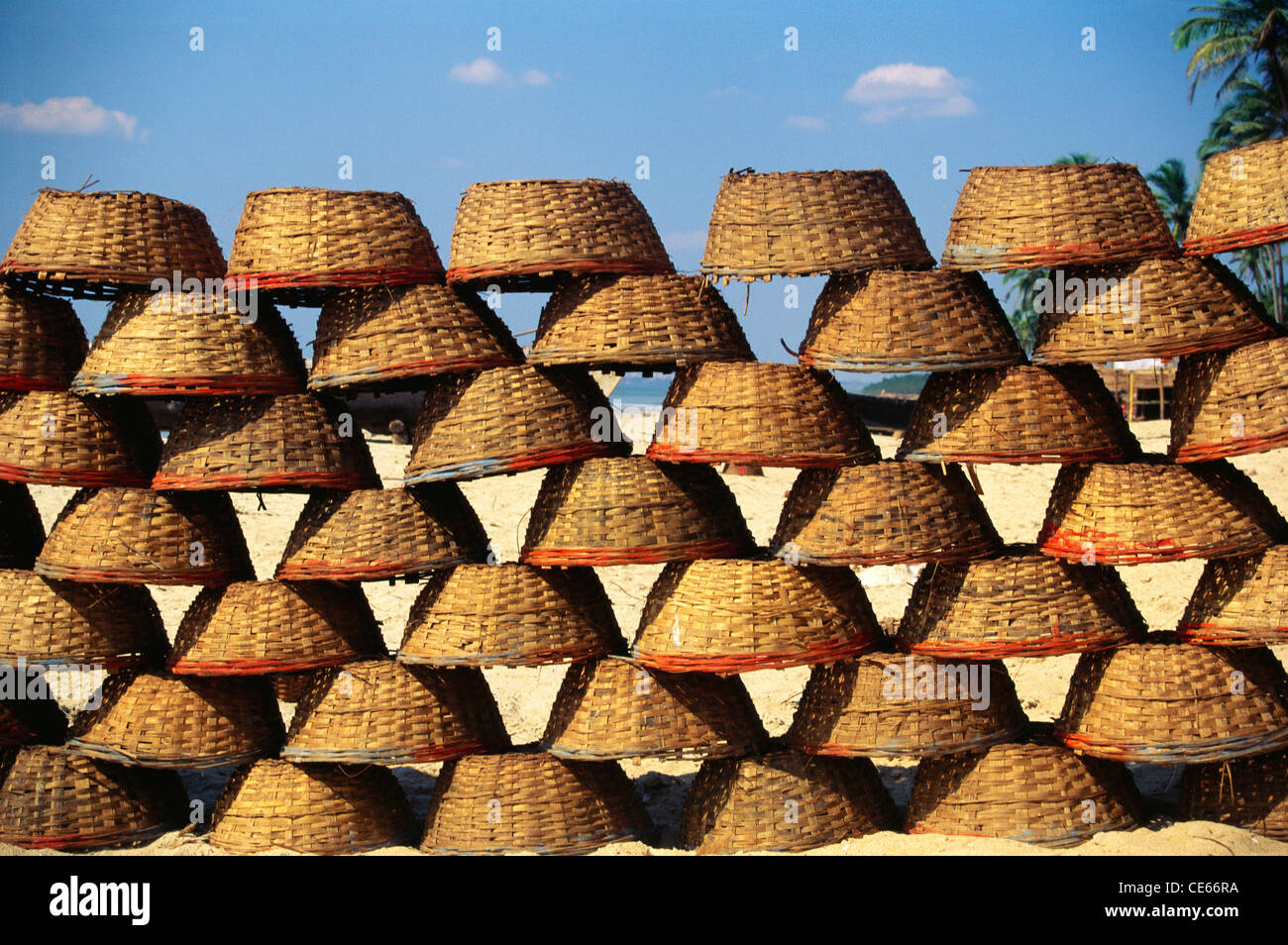 Row of fisherman round baskets at Colva beach ; Goa ; India Stock Photo