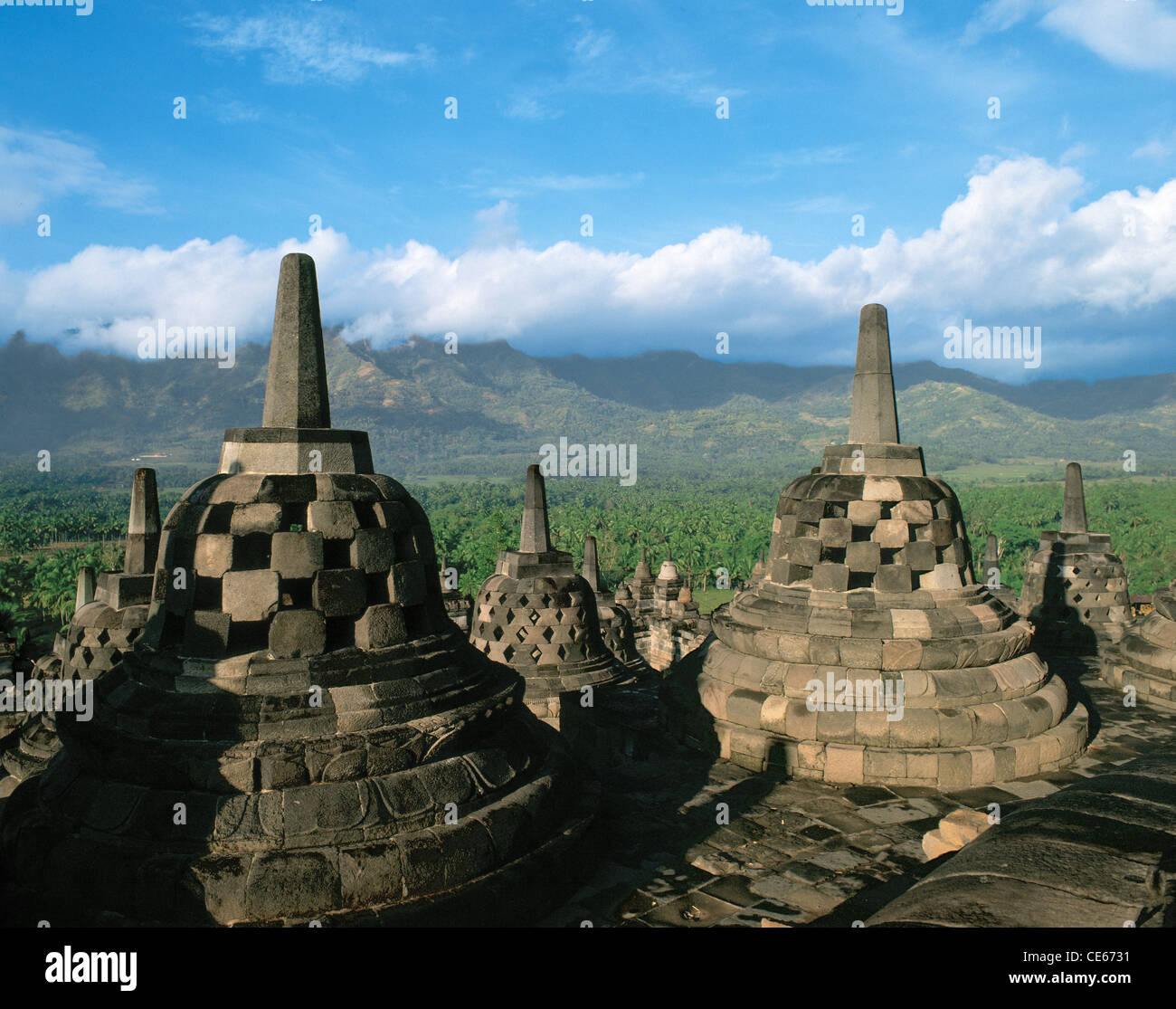 Indonesia. Central Java. Magelang. Borobudur. 9th-century Mahayana Buddhist monument. Stupas overlooking a mountain. Stock Photo