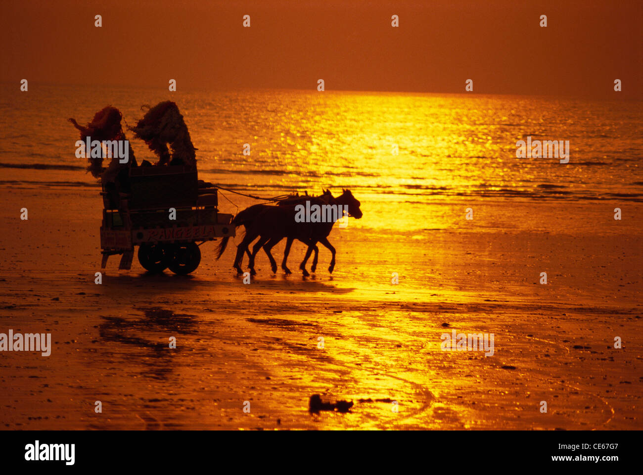 Horse cart ride at Juhu Beach in silhouette ; Bombay Mumbai