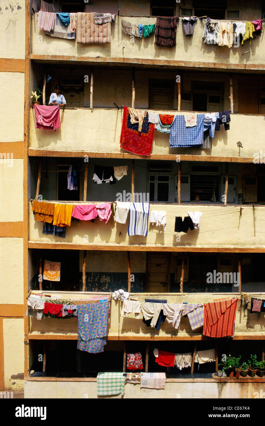 Clothes drying in chawl dilapidated building ; Bombay ;  Mumbai ; Maharashtra ; India ; Asia Stock Photo