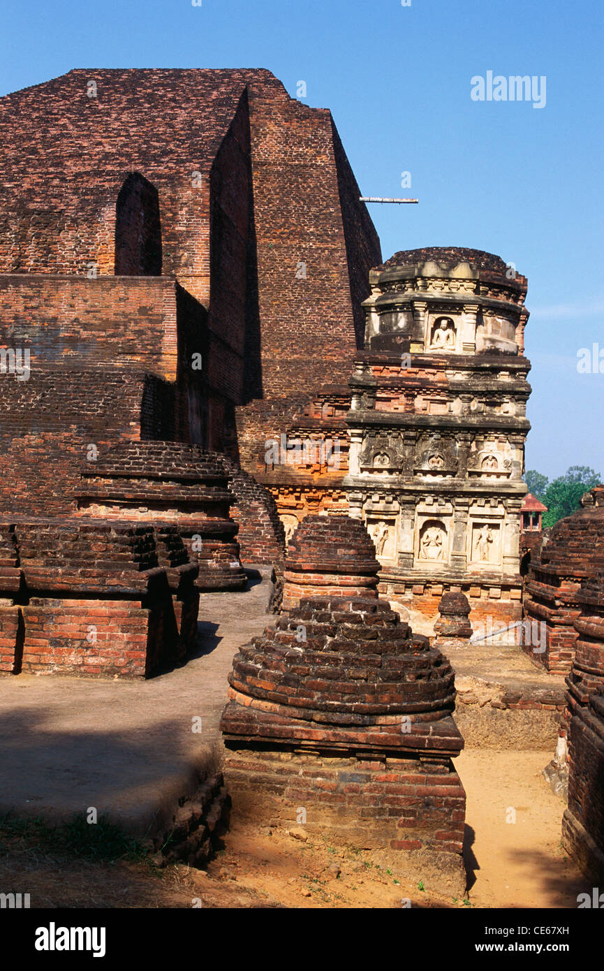 Hung main temple richly carved corner tower and votive stupas site no 3.Nalanda University complex ; Bihar ; India Stock Photo