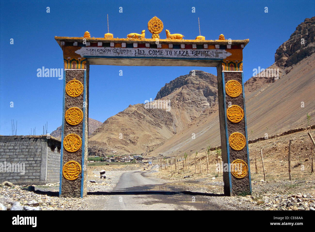 Welcome to Kaza ; Buddhist gate ; Spiti ; Himachal Pradesh ; India ; Asia Stock Photo