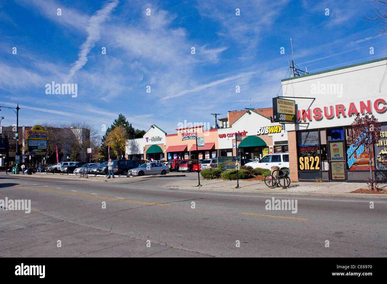 Local stores on West St. Lawrence Avenue in Kimball Chicago Stock Photo