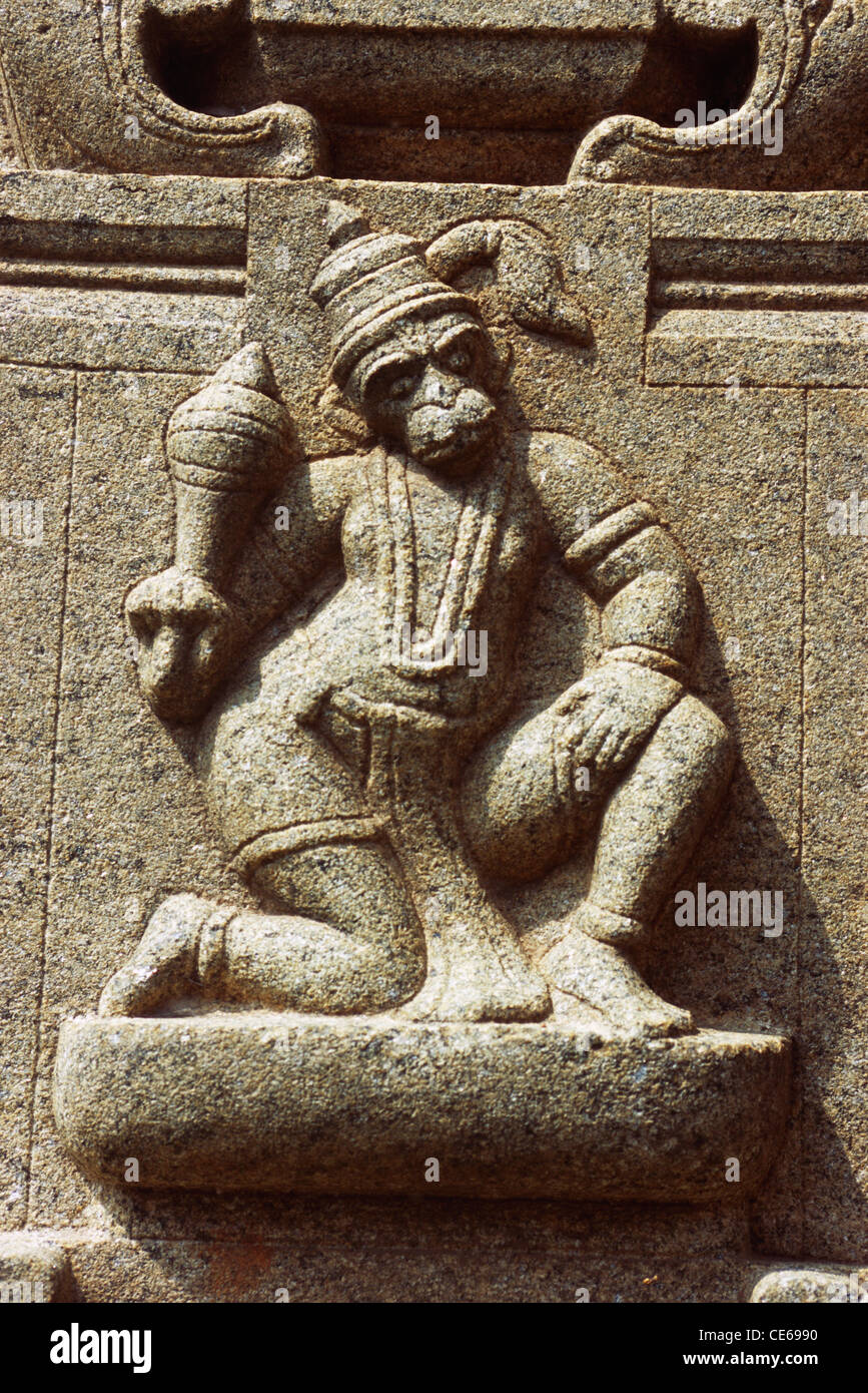 Monkey god Hanuman stone carving on pillar ; Government Museum ; Chennai ; Tamil Nadu ; India Stock Photo
