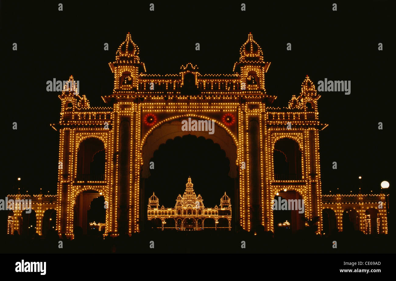 Illuminated Mysore Palace ; Mysore ; Mysuru ; Karnataka ; India ; Asia ...