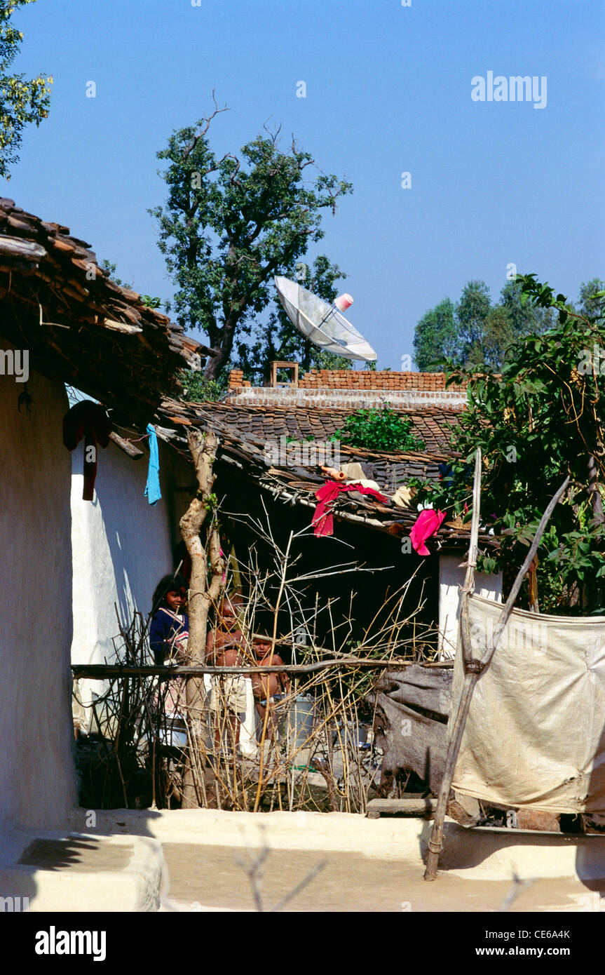 Dish Antenna on village house ; Khajuraho ; Madhya Pradesh ; India