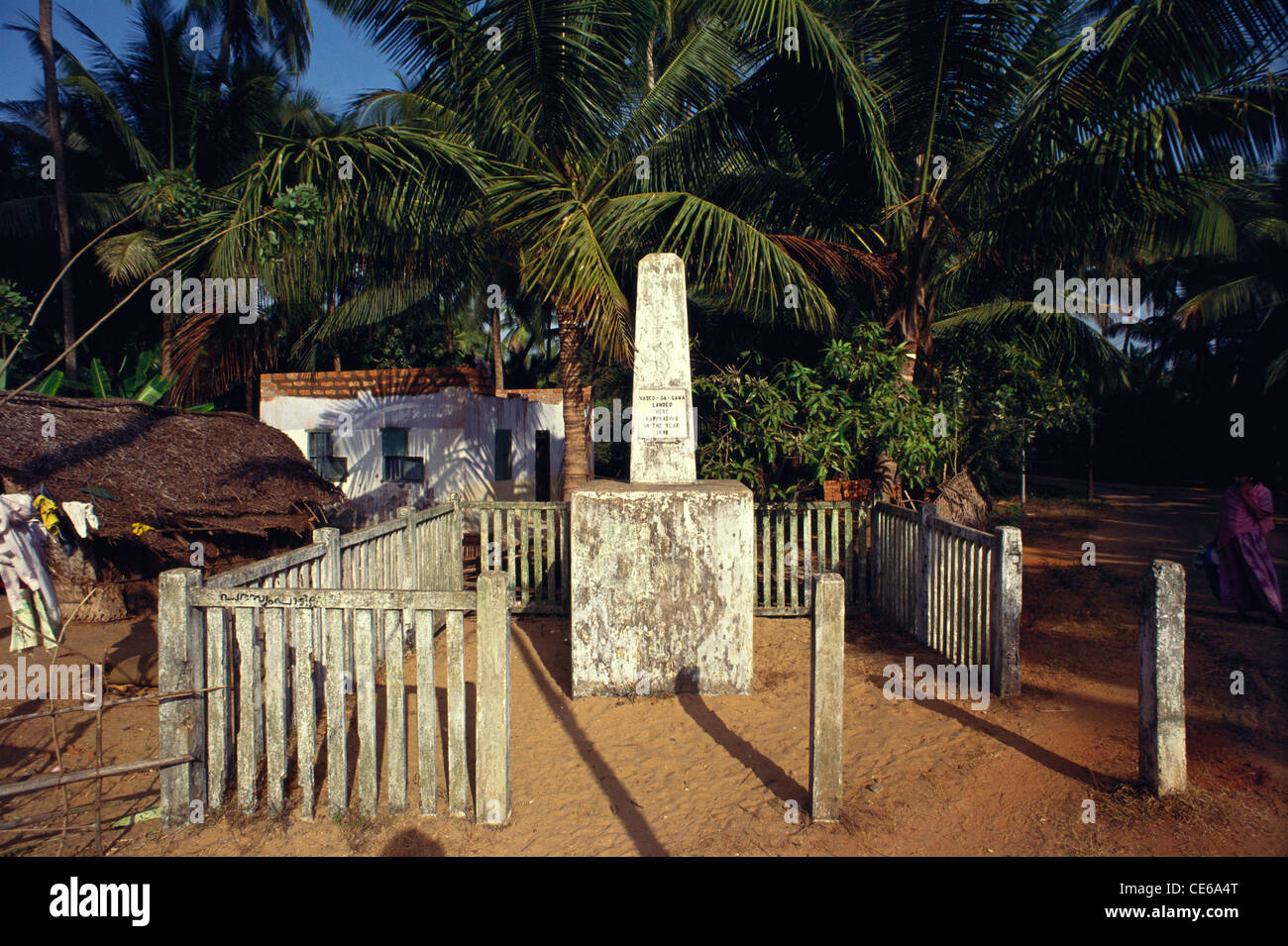 Vasco De Gama landed in 1498 Inscribed on monumental pillar at Palm fringed Kappad Beach ; India Stock Photo