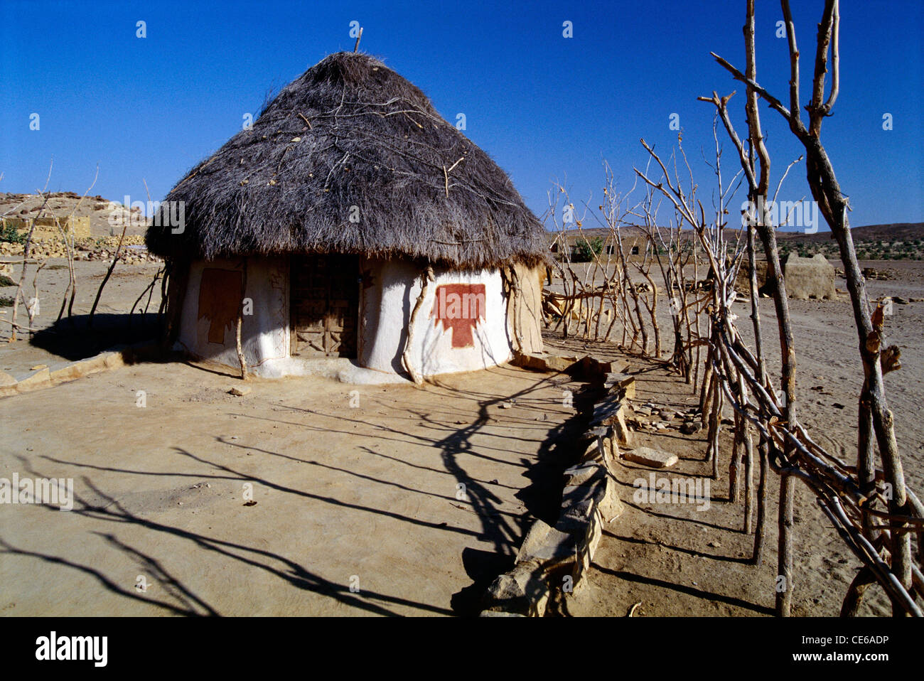 Thatched roof mud huts ; Jaisalmer ; Rajasthan ; India ; asia Stock Photo