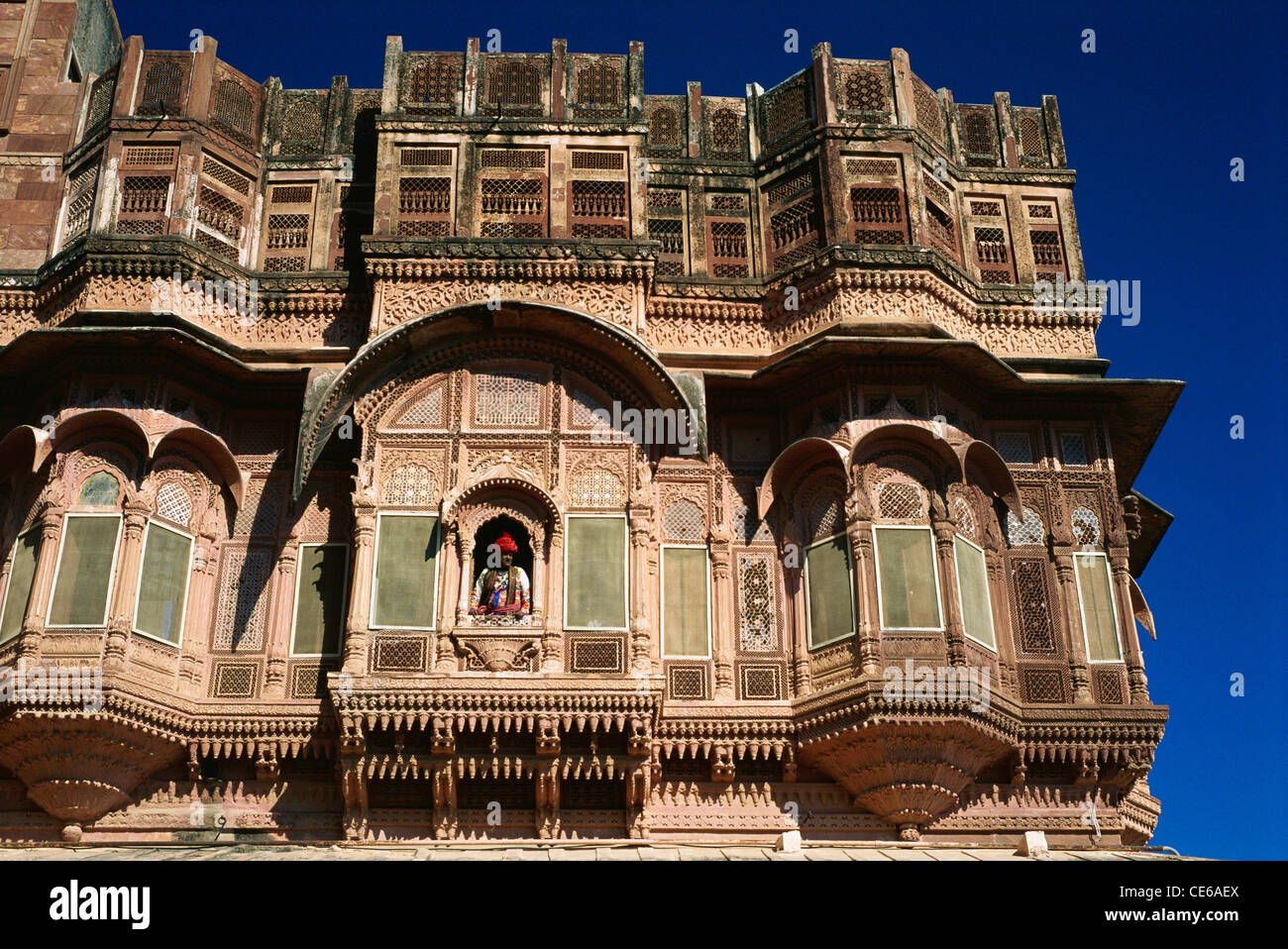 Carved arches and windows of Meherangarh fort ; Jodhpur ; Rajasthan ...