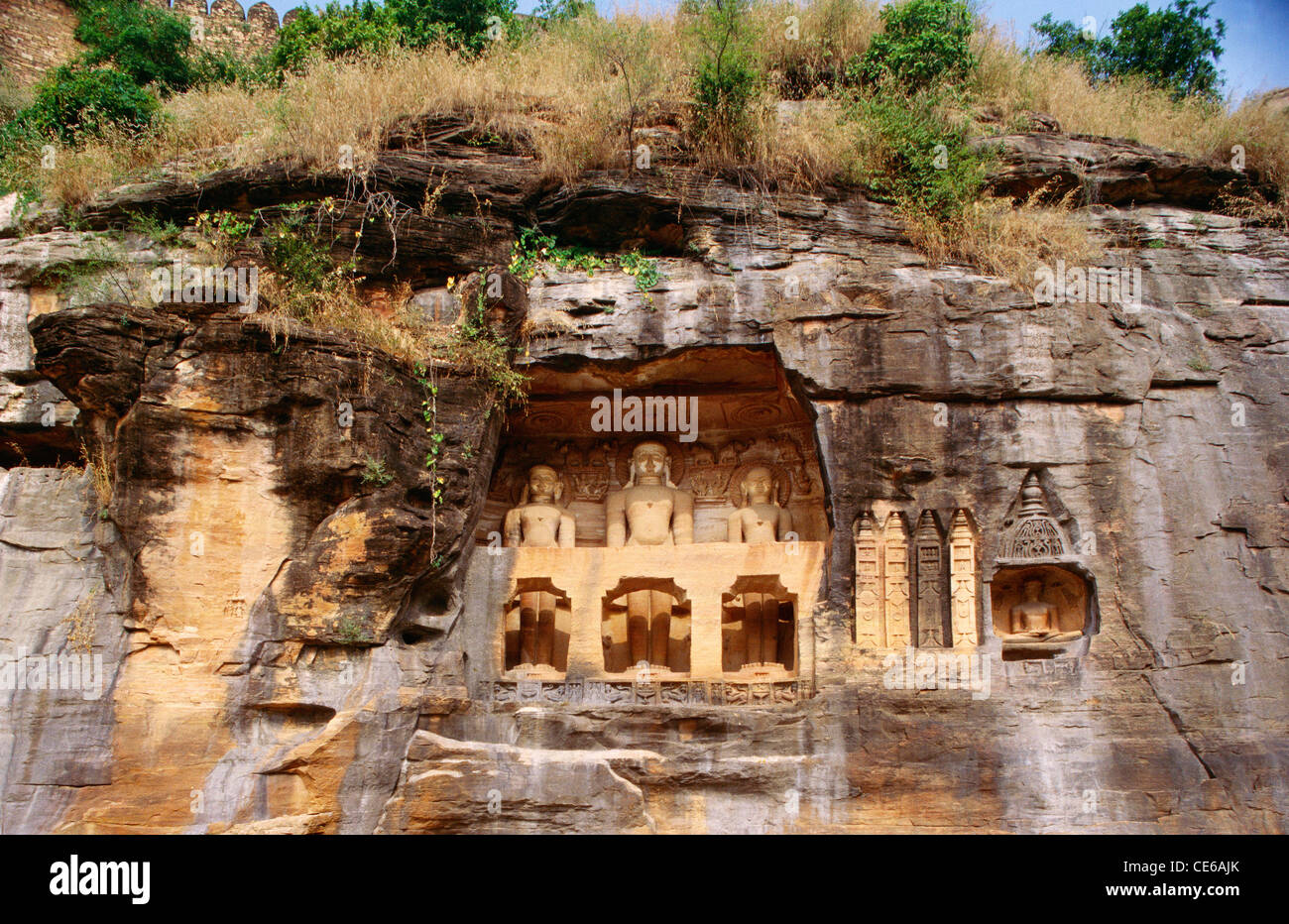 Gopachal rock cut Jain monuments ; Gopachal Parvat Jaina monuments ; Gwalior Fort ; Gwalior ; Madhya Pradesh ; India ; Asia Stock Photo