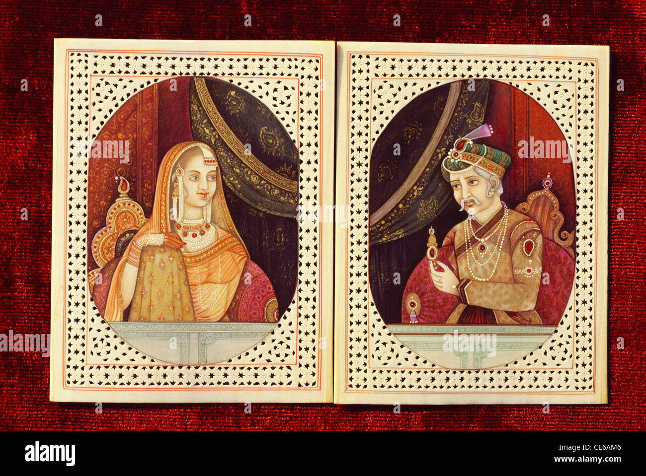 Mughal emperor Akbar & Jodhabai ivory painting Stock Photo