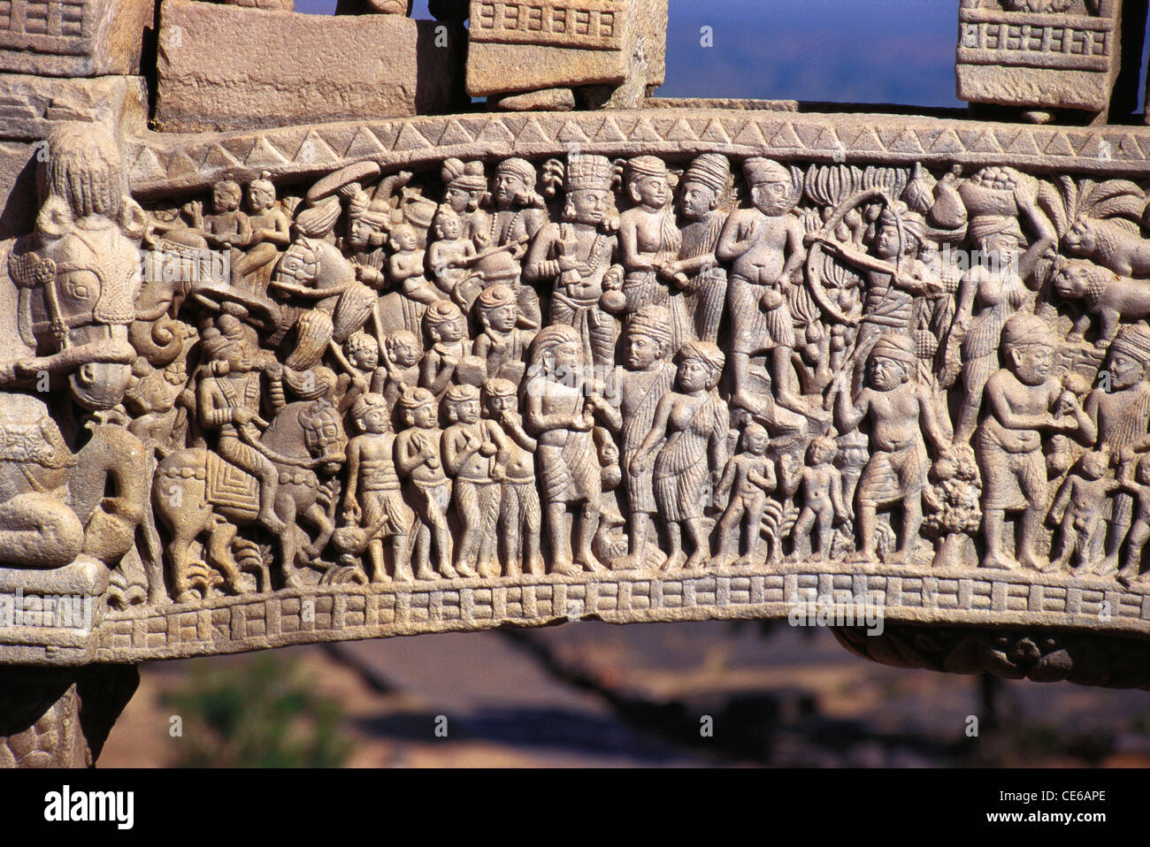 Carved stories of King Ashoka on gate of Sanchi stupa ; Madhya Pradesh ; India ; Asia ; Indian ; Asian Stock Photo