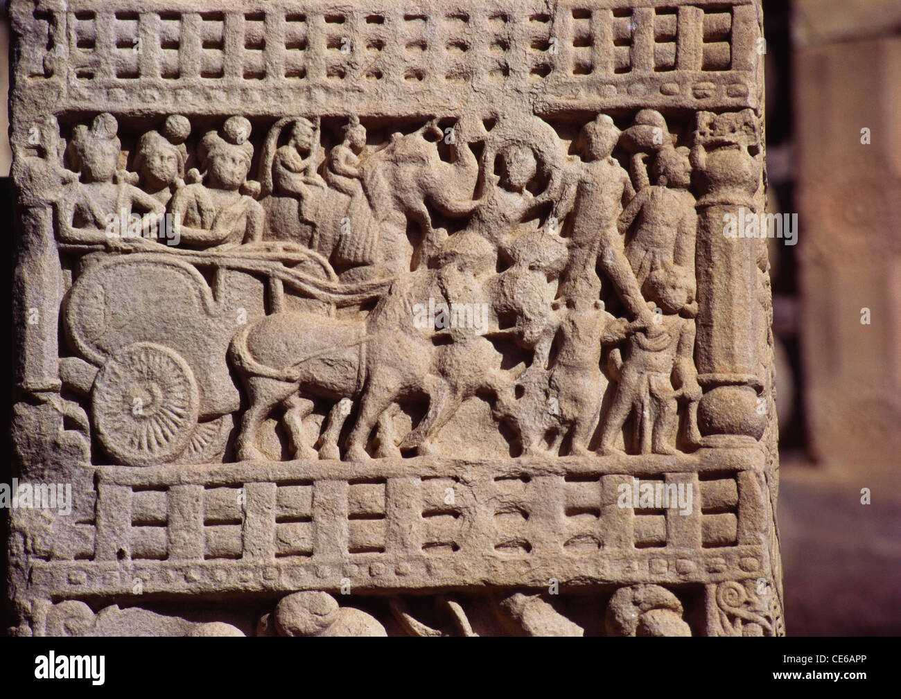 Carved stories of King Ashoka on gate of Sanchi stupa ; Madhya Pradesh ; India Stock Photo