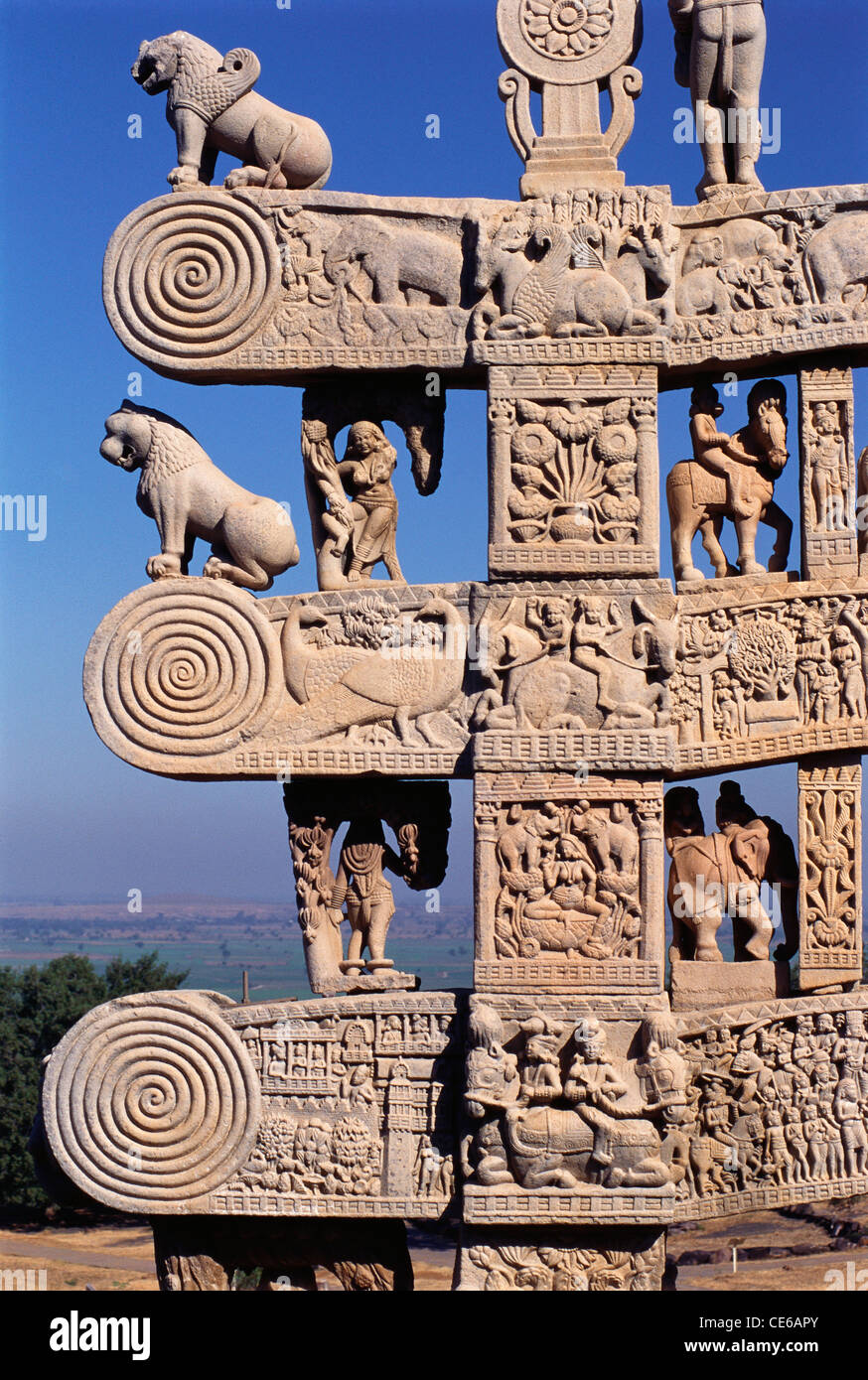 Carved gate of Sanchi stupa ; Madhya Pradesh ; India Stock Photo