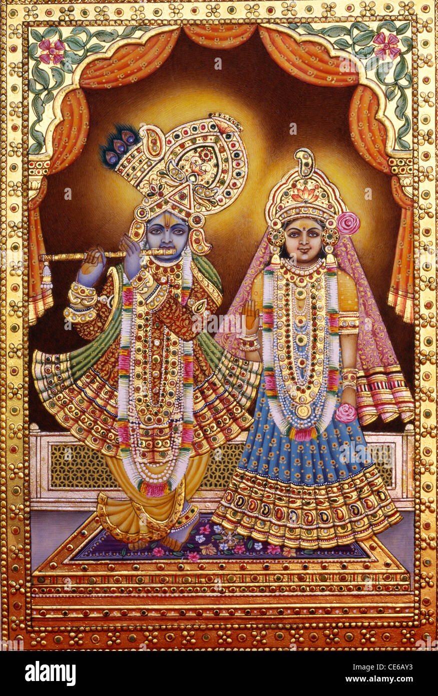 Radha Krishna with gold embossed   miniature painting Stock Photo