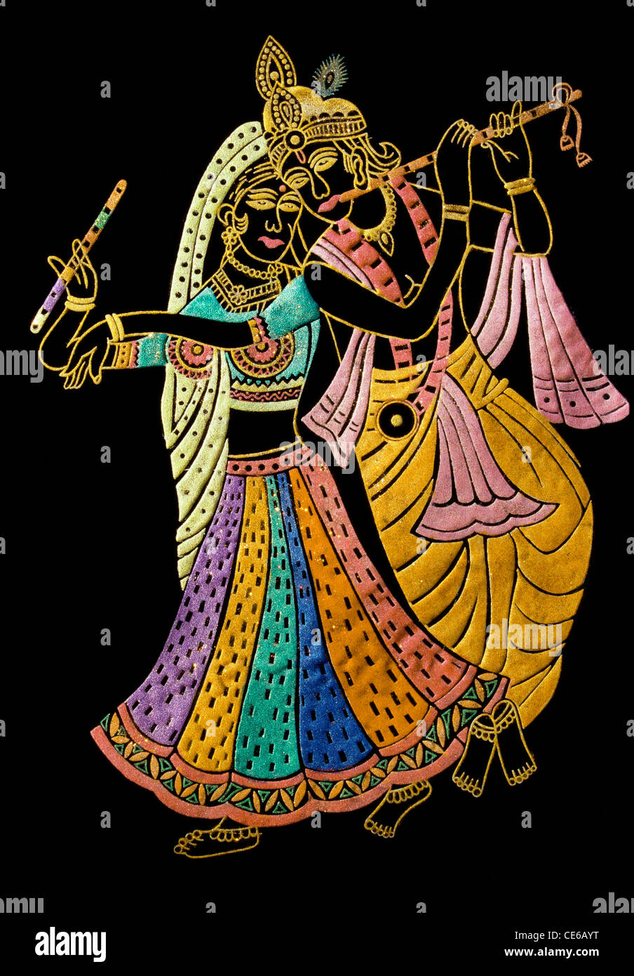 Radha Krishna playing flute and dancing fine art painting on velvet Stock Photo