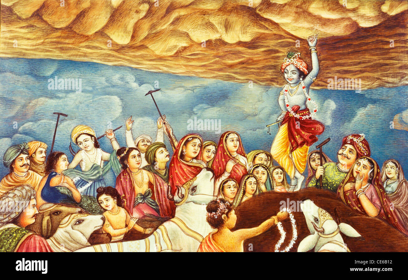 Lord Krishna lifting Govardhan parvat mountain with little one finger Vrindavan Mathura Uttar Pradesh India Stock Photo