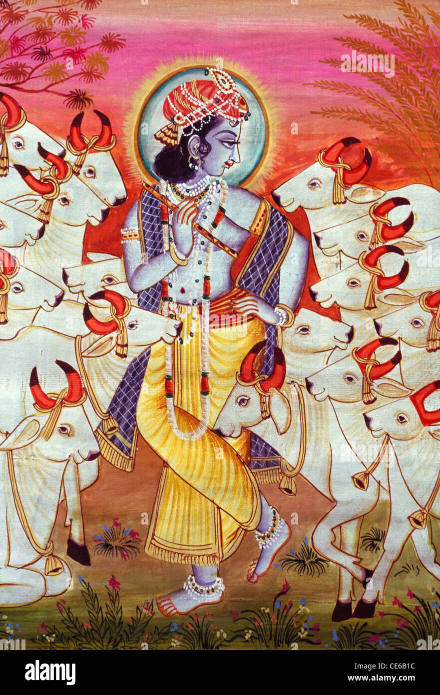 Lord Krishna with cows miniature painting Stock Photo