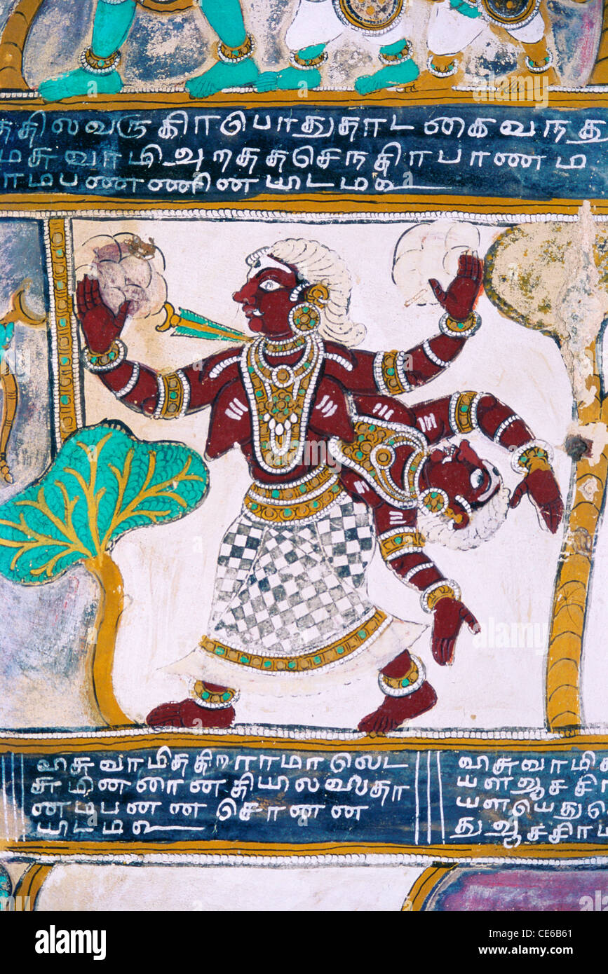 Ramayana in painting at Madurai 400 years old ; Rama Killing Thadakai ; Rakshasi ; Tamil Nadu ; India Stock Photo