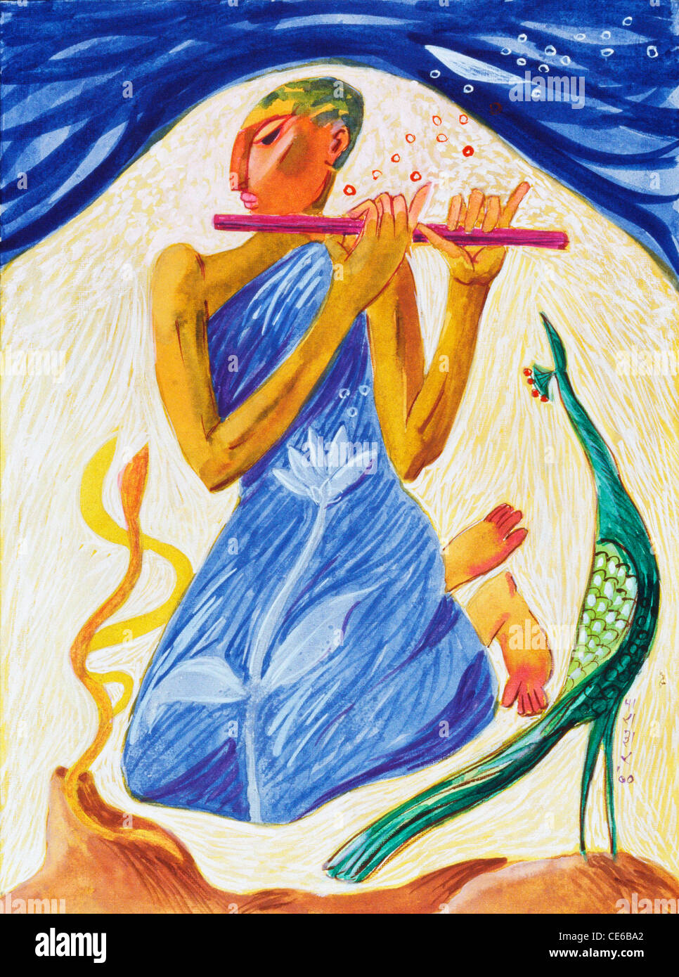 Man playing flute making birds and snakes dance ; watercolor ; painting