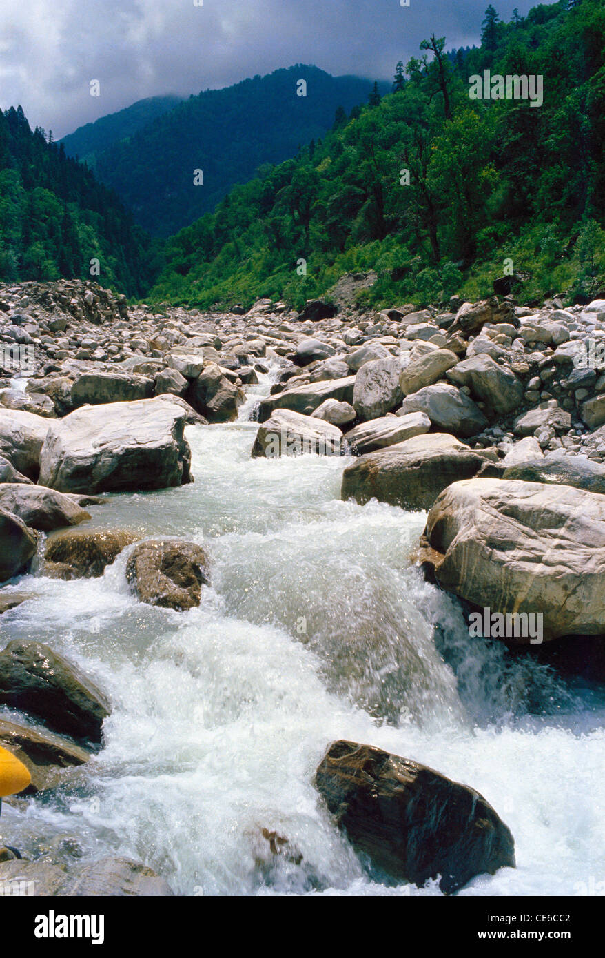 landscape river Kafni mountain valley rocks boulders ; kumaon hills ; himalaya ; uttar pradesh ; india Stock Photo