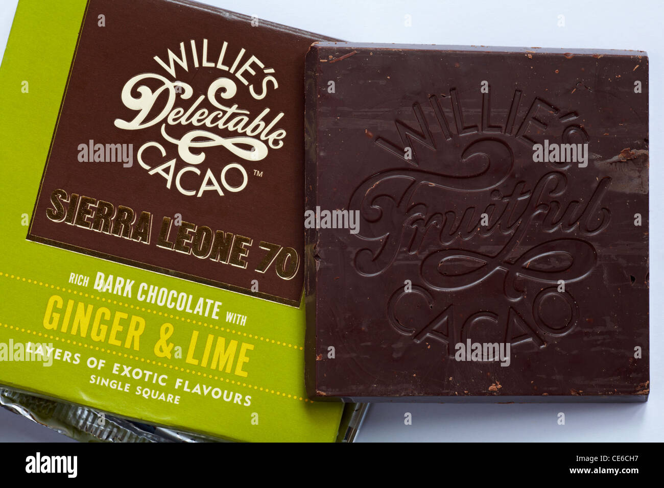 Bar of Willie's Delectable Cacao Sierra Leone 70 chocolate bar on white background Stock Photo