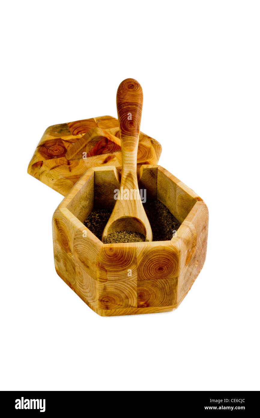 Wooden pepper pot, lid and spoon Stock Photo Alamy