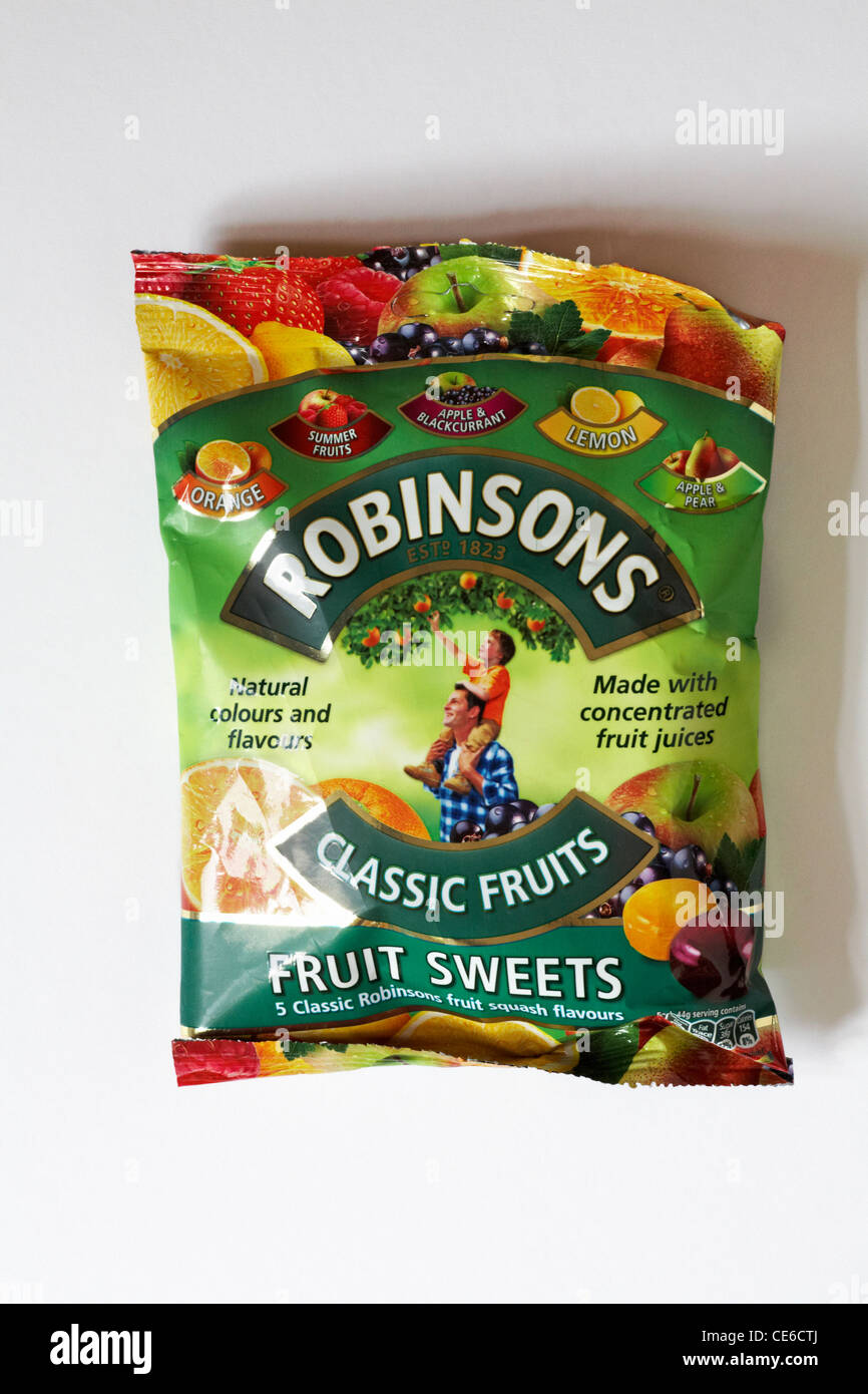 Packet of Robinsons Classic Fruits fruit sweets isolated on white background - 5 classic Robinsons fruit squash flavours Stock Photo