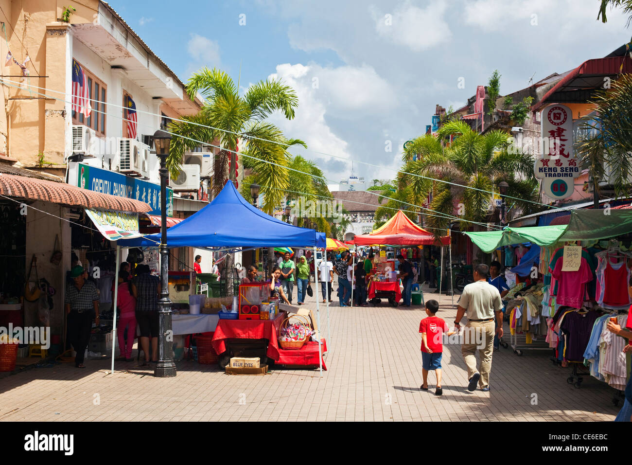 Jalan India - a popular pedestrian street lined with shops.  Kuching, Sarawak, Borneo, Malaysia. Stock Photo