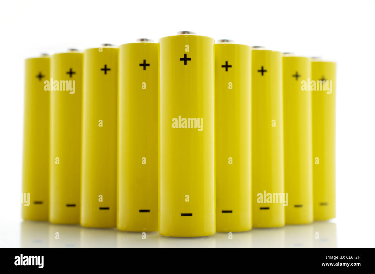 set of AA batteries lined up on a white background Stock Photo
