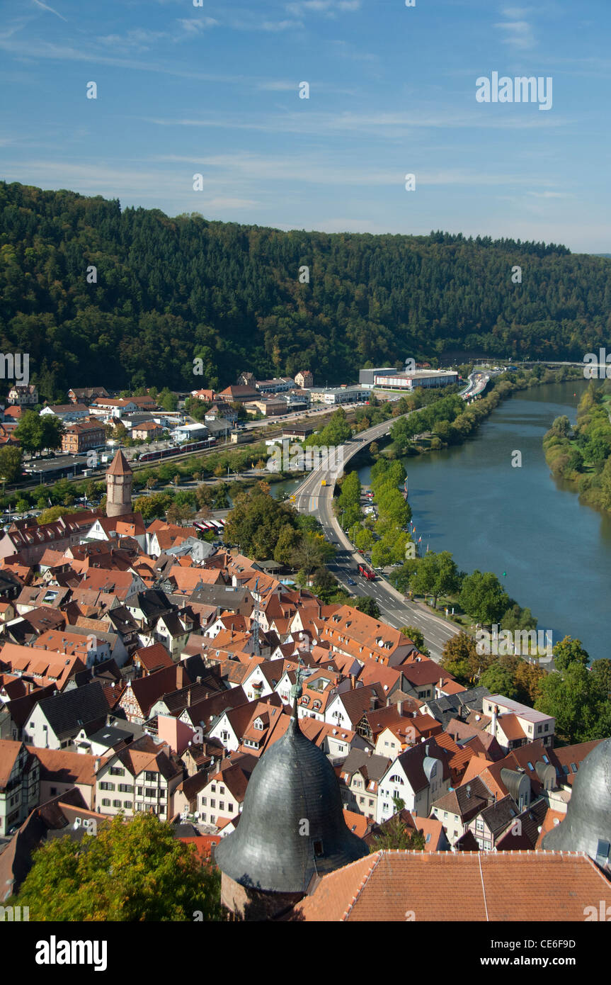 Germany, Wertheim. Confluence of Tauber & Main River view from hilltop ruins of Hohenburg Castle. Stock Photo