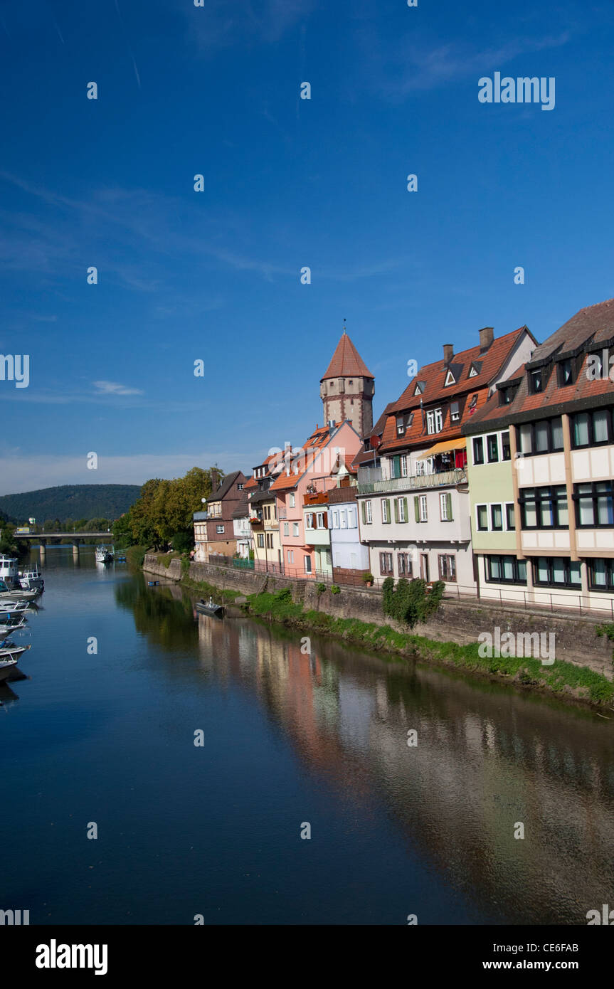 Germany, Franconia, Wertheim. Spitizer, medieval watchtower with historic housing along the Tauber River. Stock Photo
