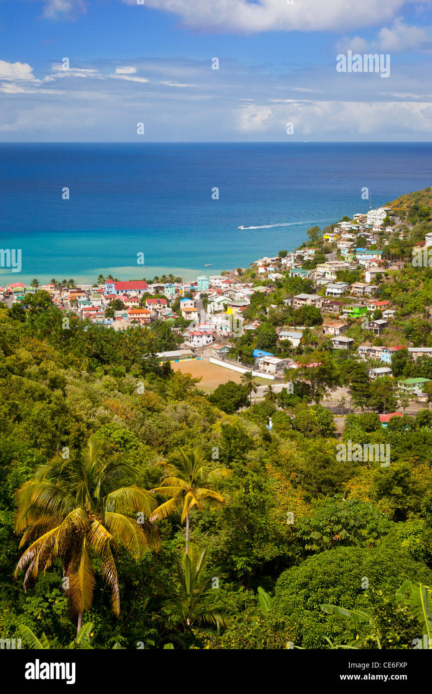 View over the town of Canaries on the Caribbean island of St. Lucia, West Indies Stock Photo