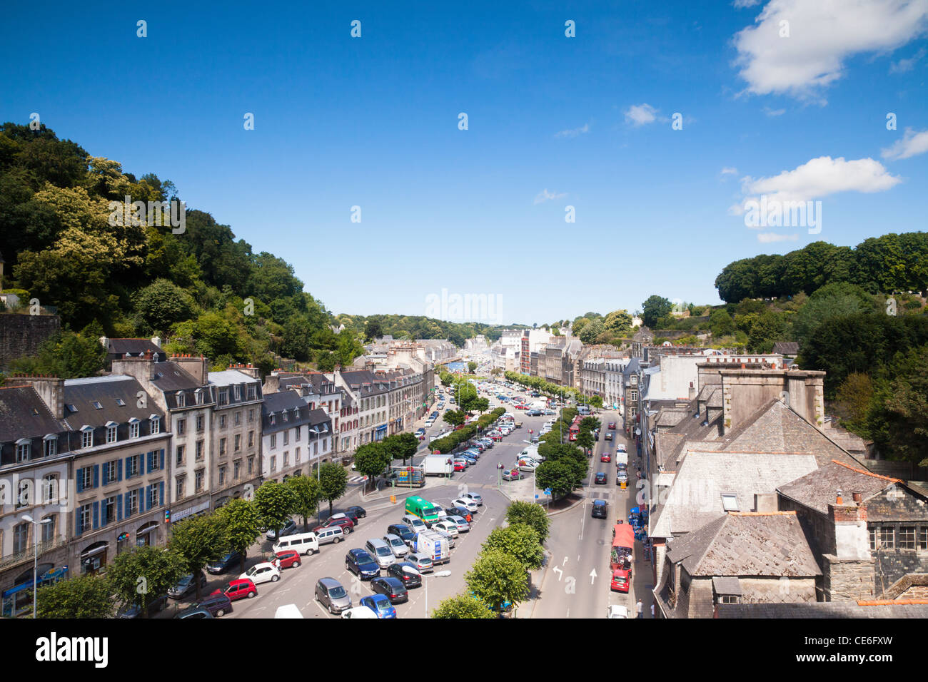 The main street of Morlaix, Brittany, France, from the viaduct on a bright summer day. Stock Photo