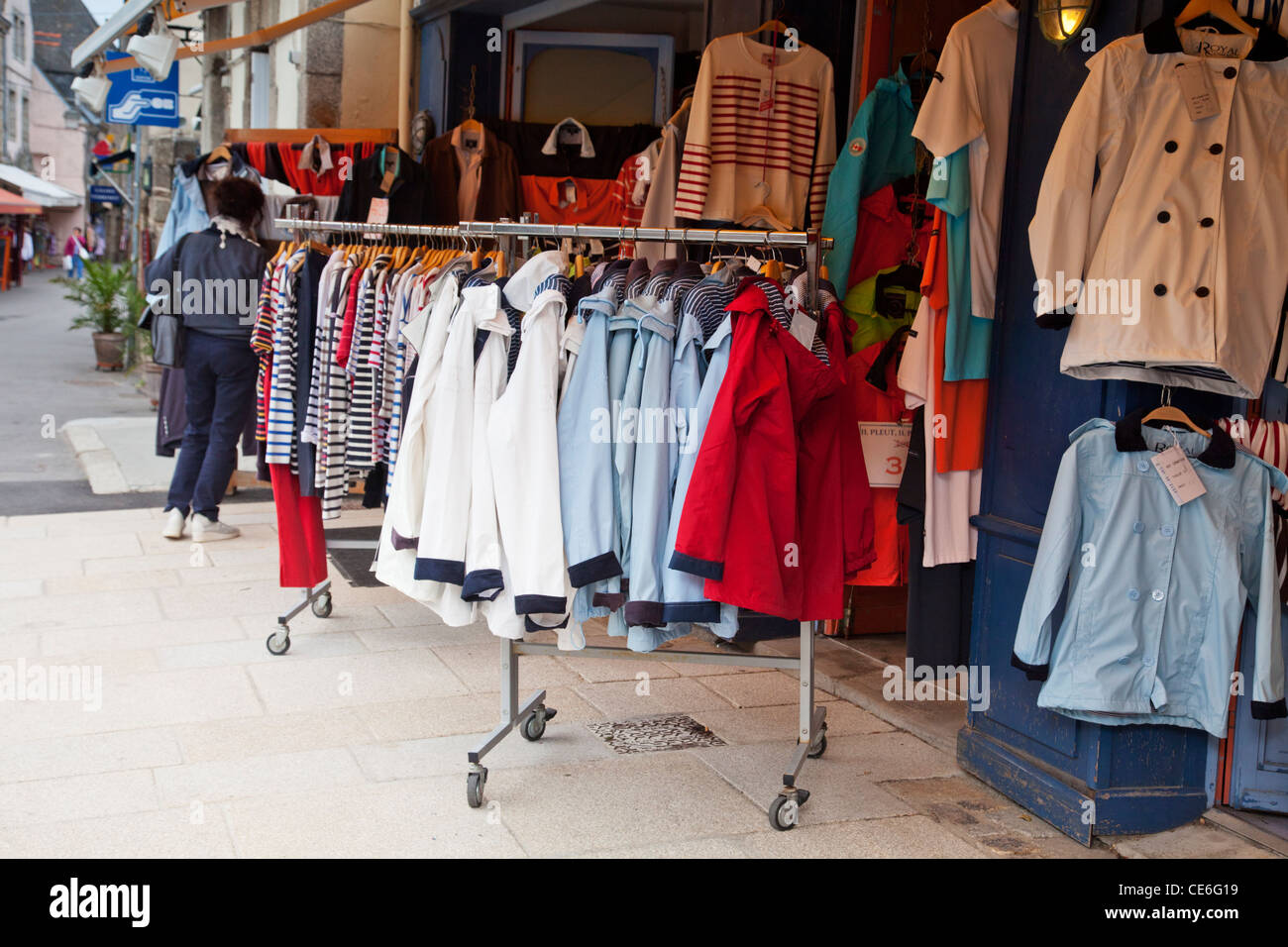 A shop in the Ville Close at Concarneau, with a display of Breton outfits for sale. Stock Photo