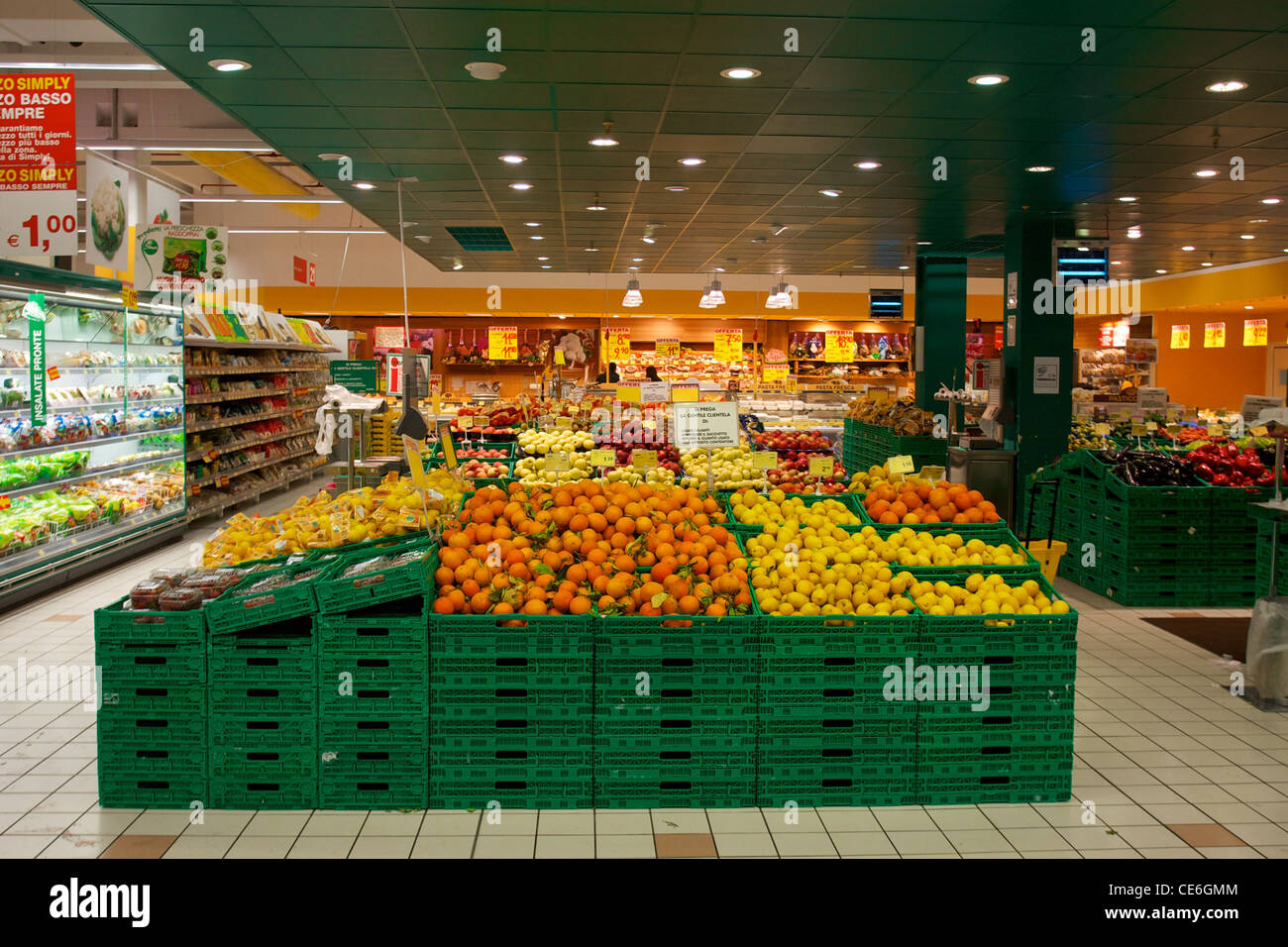 Fruit and veg, vegetable on display in an Italian supermarket, Marche, Italy Stock Photo