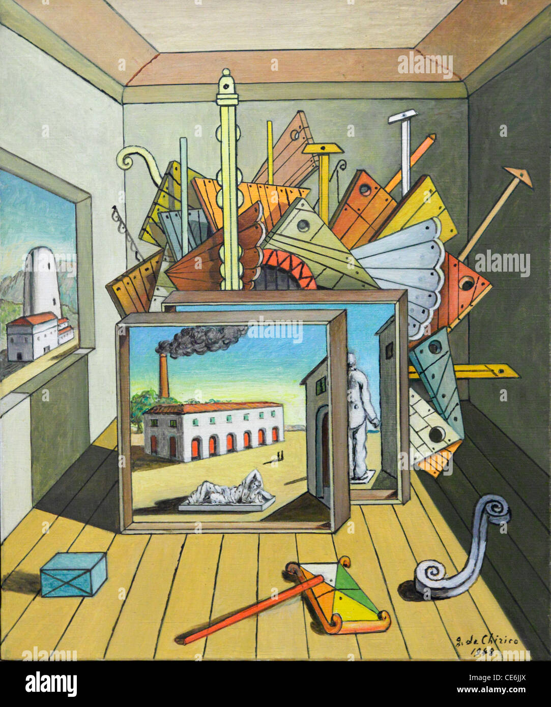 Metaphysical Interior with Workshop by Giorgio De Chirico, Reina Sofia Museum, Madrid, Spain Stock Photo