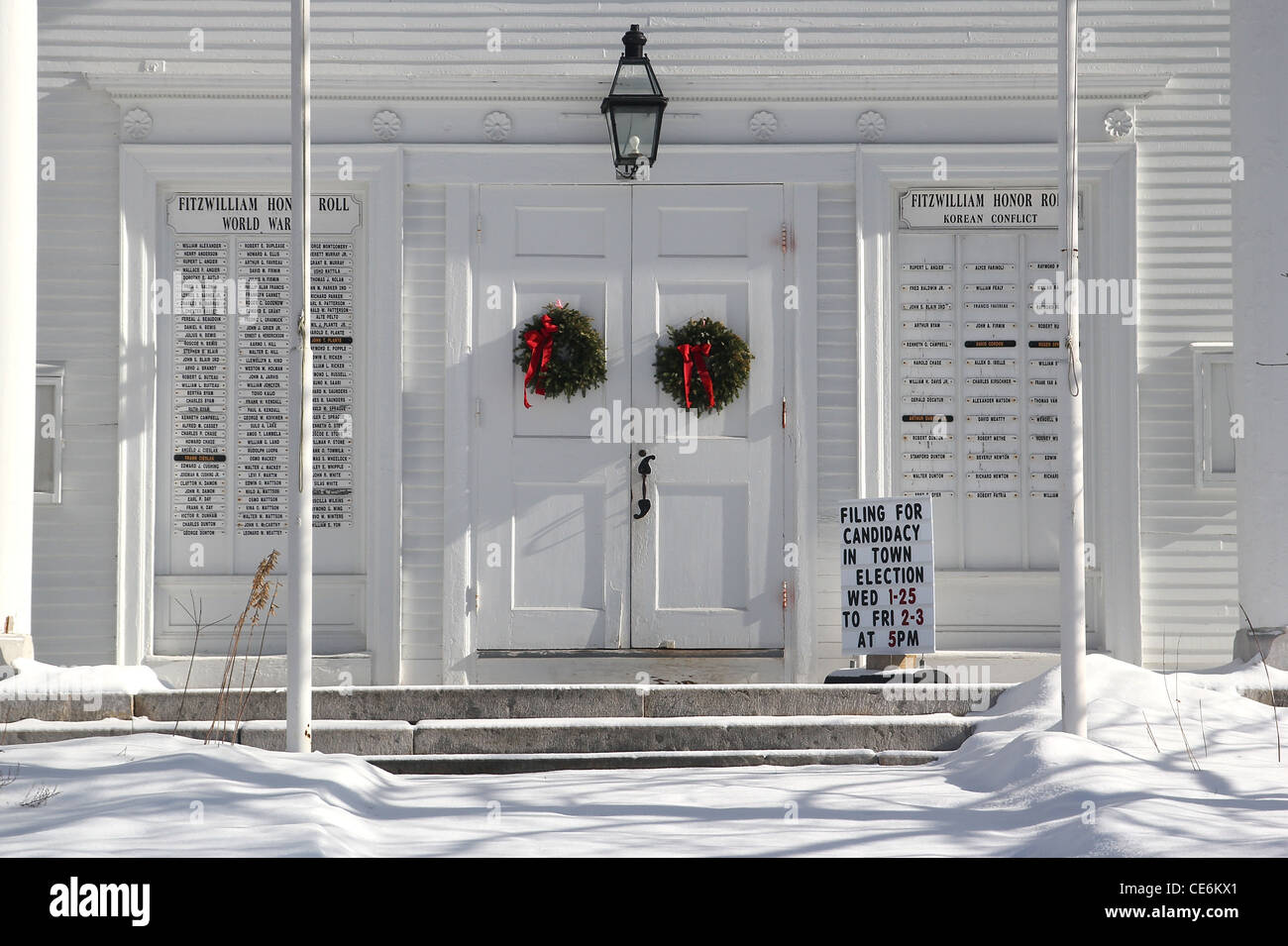 Front doors to Fitzwilliam Town Hall in winter decorated with Christmas wreaths Stock Photo