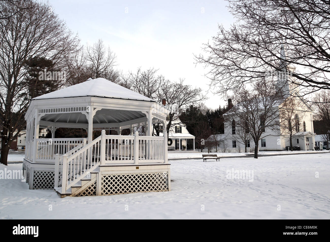 Snowcovered bandstand and town common in Walpole, New Hampshire Stock