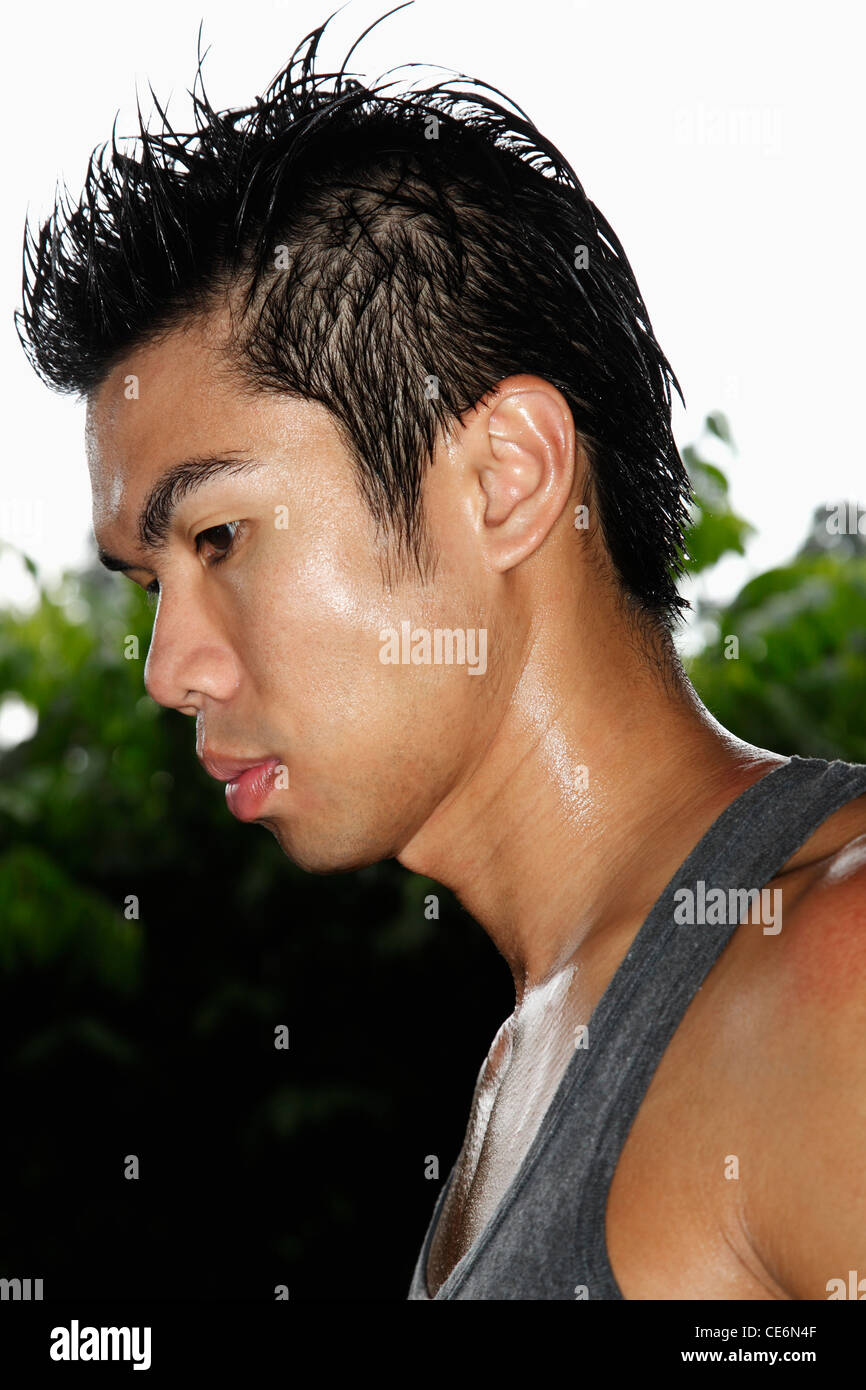 profile of young man with wet hair Stock Photo Alamy
