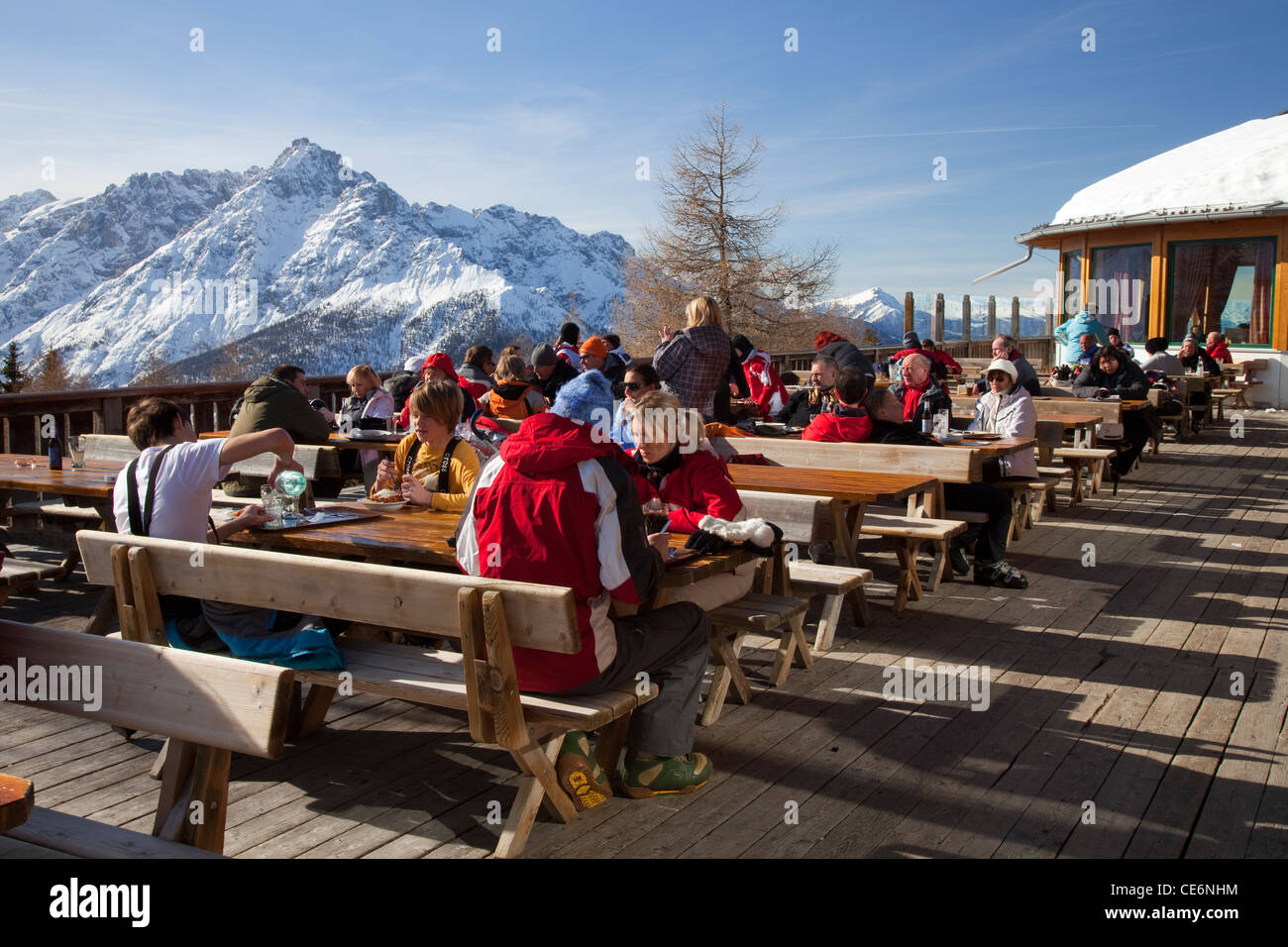 Helmrestaurant 2060m, Helm, Vierschach, Sextental, Sexten valley, Dolomites, South Tyrol, Italy, Europe Stock Photo