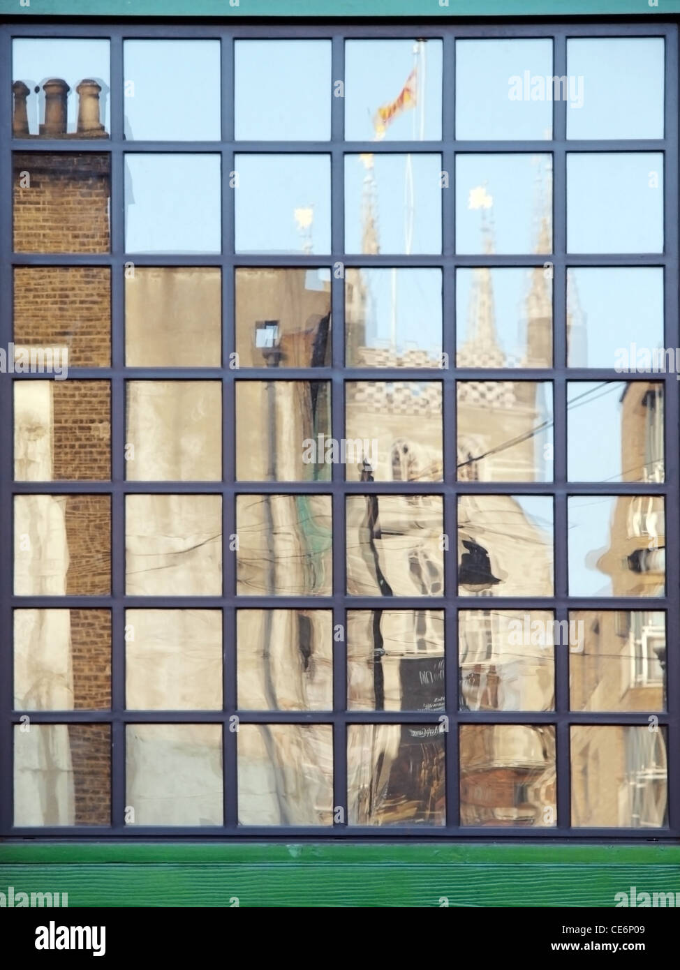 Southwark Cathedral reflected in a window Stock Photo