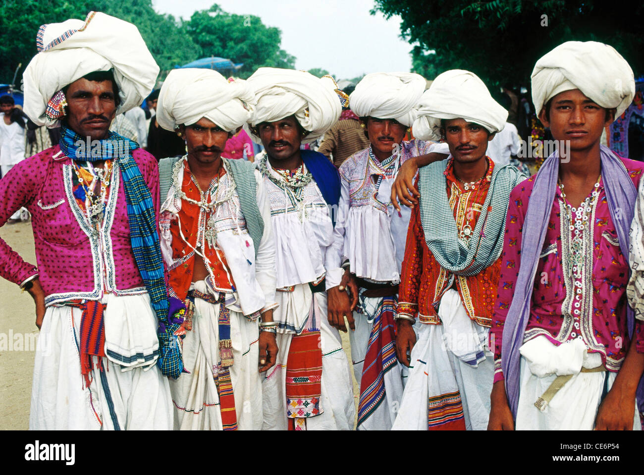 Six Rabari tribes men in white turban and local dress at Ravechi fair ; Bhuj ; Gujarat ; India Stock Photo