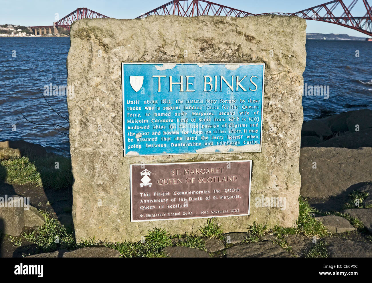 St. Margaret Queen of Scotland plaque by South Queensferry harbour in Scotland with the Forth