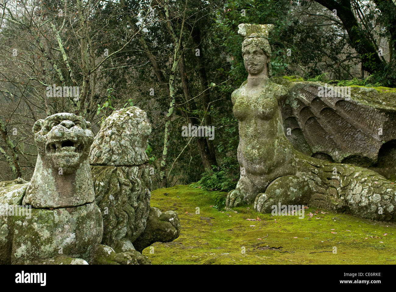Two Lions and the Fury, Parco dei Mostri monumental complex, Bomarzo, Viterbo, Lazio, Italy Stock Photo
