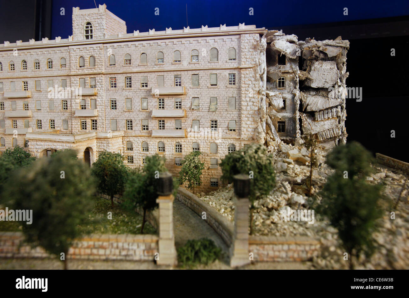 Diorama depicting the wrecked wing of the Jerusalem King David hotel after the explosion carried out by a militant Zionist group Irgun in 1946 displayed inside the Jabotinsky Institute and Etzel Museum which offers detailed information on the activities of Etzel a Zionist paramilitary group that operated in Mandate Palestine between 1931 and 1948 located in King George street Tel Aviv Israel Stock Photo