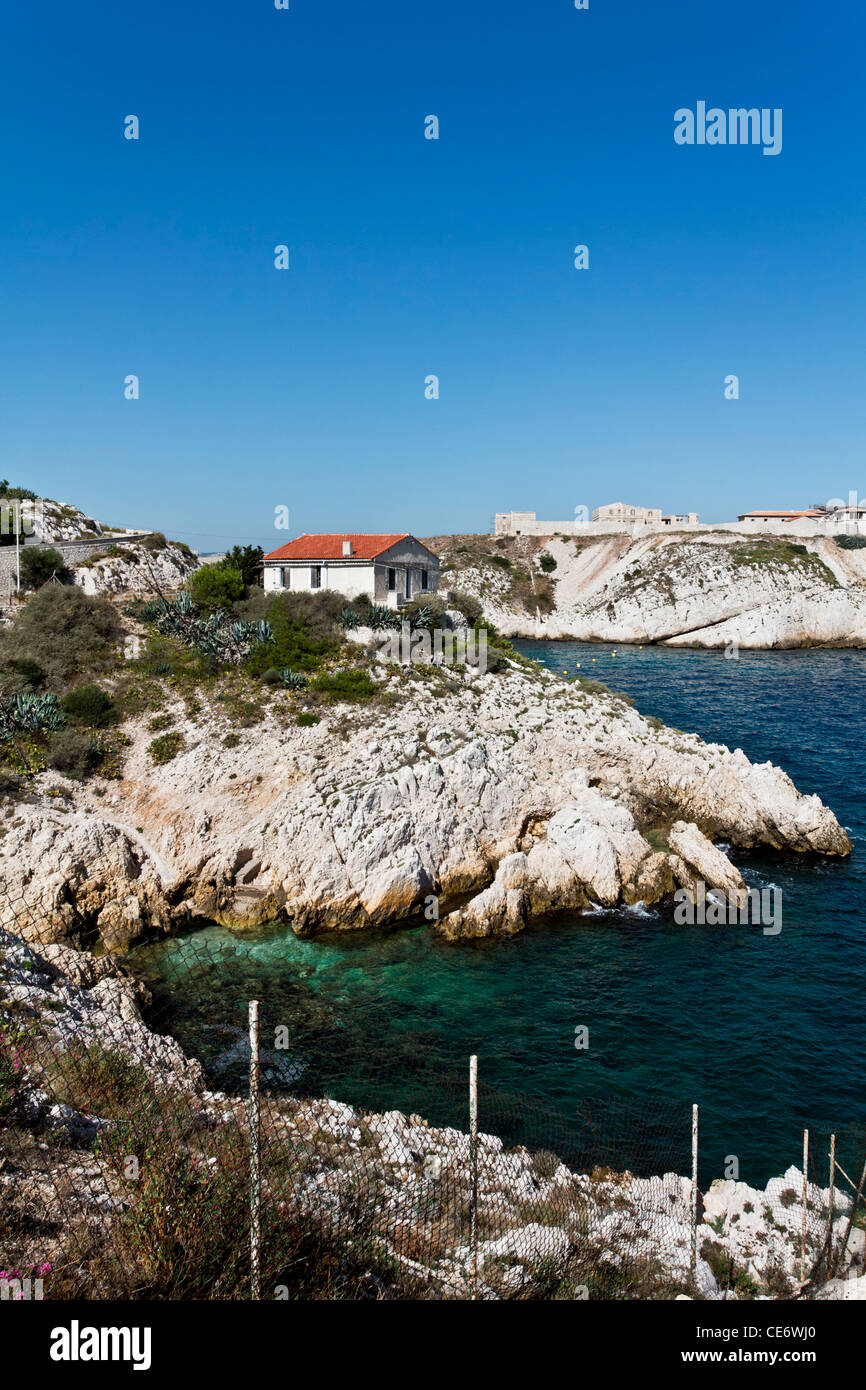 House on the rock of Calanques de Saint Esteve, Ile Ratonneu, Frioul Archipelago, Marseille or Marseilles, France Stock Photo