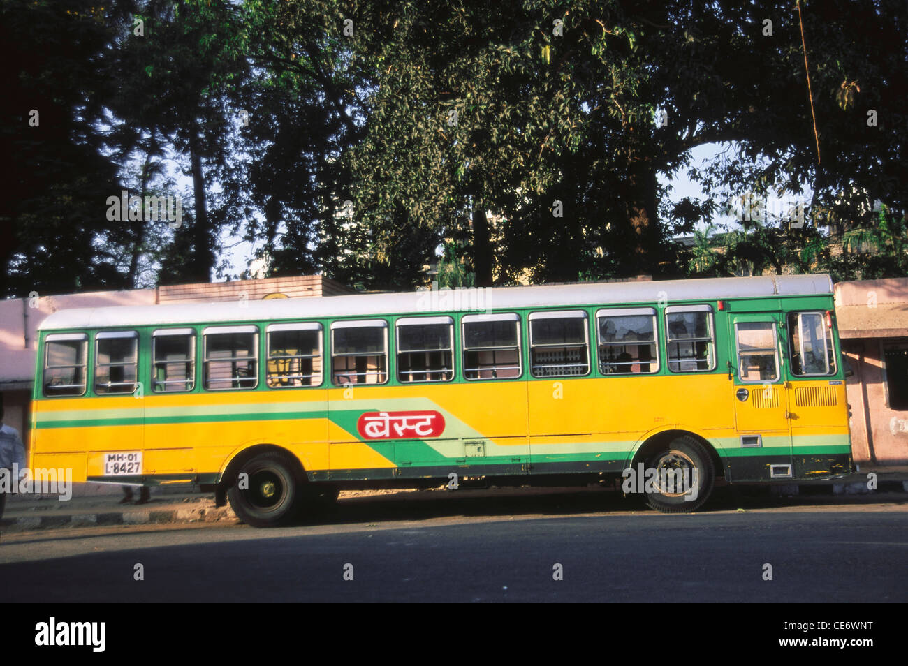 MBT 85374 : profile of yellow green painted BEST public transport bus bombay mumbai maharashtra India Stock Photo