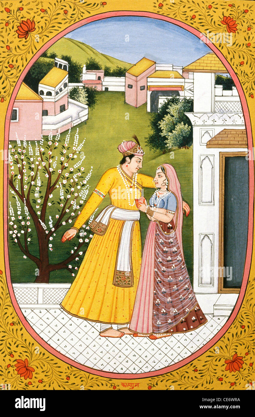 Miniature painting Barahmasa couple standing in verandah garden season spring india Stock Photo