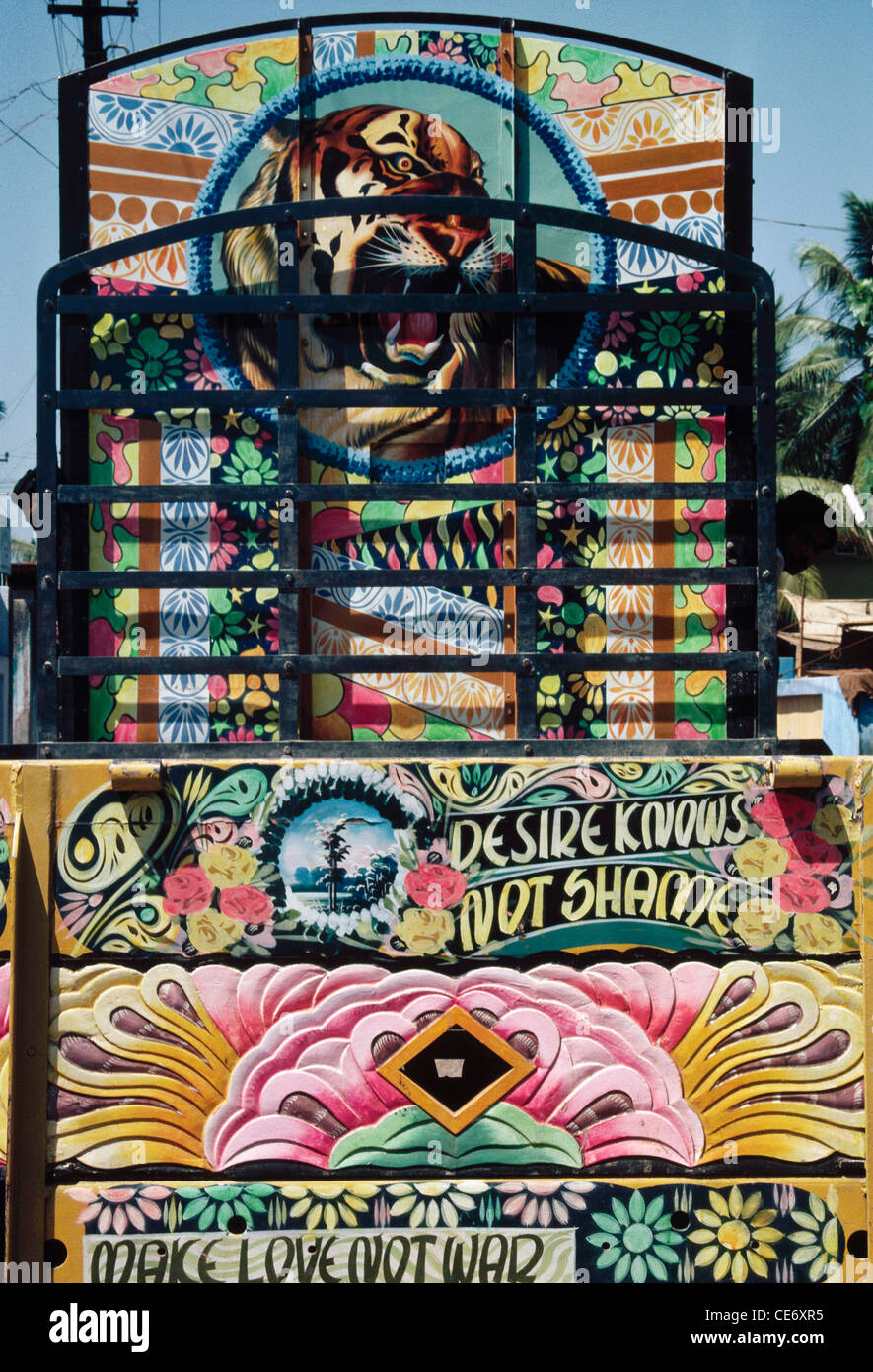indian painted truck sign desire knows not shame grafitti make love not war kerala india Stock Photo